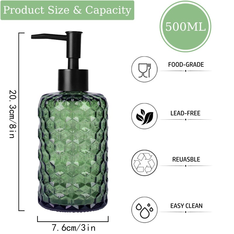 Guokanfly 17Oz Black Pump Glass Soap Dispenser, Green Honeycomb Design Countertop Refillable Liquid Bottle Hand Dish Lotion Dispenser with Plastic Pump, for Kitchen, Bathroom - Image 2