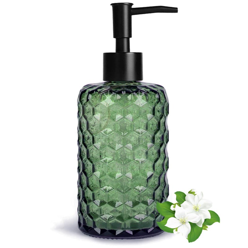 Guokanfly 17Oz Black Pump Glass Soap Dispenser, Green Honeycomb Design Countertop Refillable Liquid Bottle Hand Dish Lotion Dispenser with Plastic Pump, for Kitchen, Bathroom - Image 1