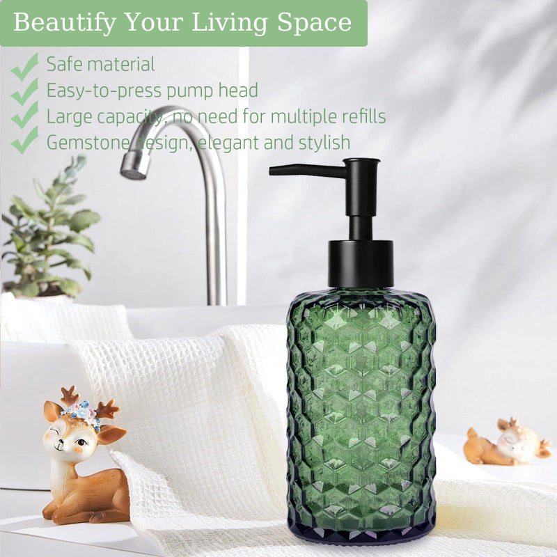 Guokanfly 17Oz Black Pump Glass Soap Dispenser, Green Honeycomb Design Countertop Refillable Liquid Bottle Hand Dish Lotion Dispenser with Plastic Pump, for Kitchen, Bathroom - Image 5