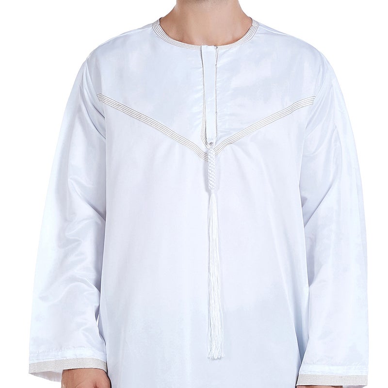Men's Embroidered Long Kurta with Tassel Detailing and Round Neck - Image 4