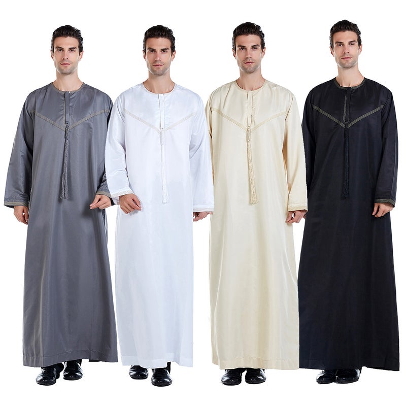 Men's Embroidered Long Kurta with Tassel Detailing and Round Neck - Image 2