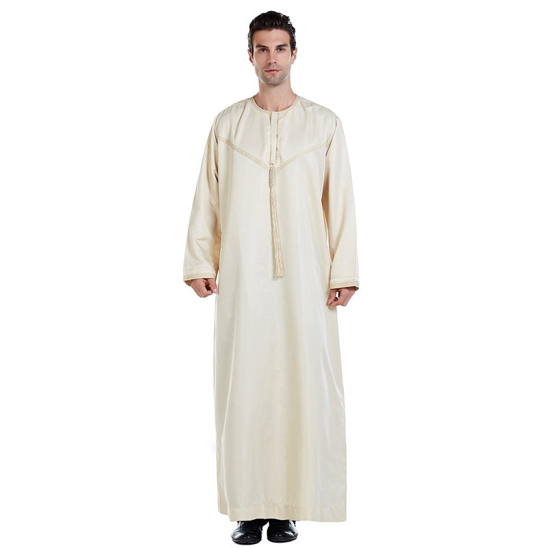 Men's Embroidered Long Kurta with Tassel Detailing and Round Neck - Image 1