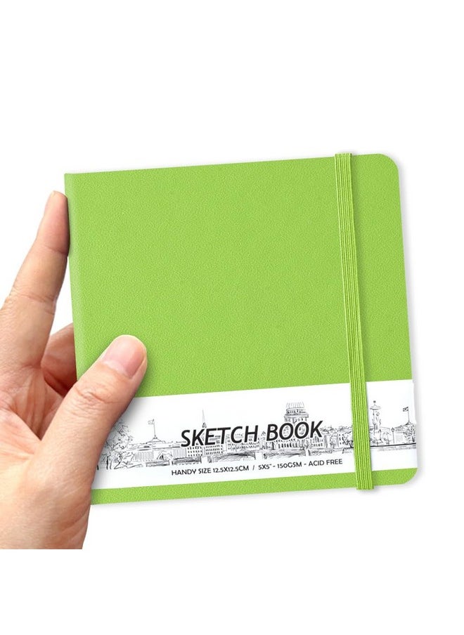Qianshan 5" x 5" Handy Pocket Hardcover PU Leather Sketchbook,58 Sheets 150 GSM Beige Dowling Paper, Acid Free Art Sketch Book Artistic Drawing Painting Writing Paper for Beginners Artists.Hami Melon Green  - Image 1