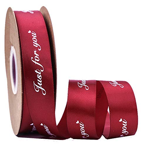 Zhiheng Ribbon for Crafts Wholesale Bulk 50 Yard 1Inch Just for You Grosgrain Fabric RibbonFor Gift Package Wrapping Floral Design Hair Bow Clip Accessory Making Sewing Wedding Decor Wine red