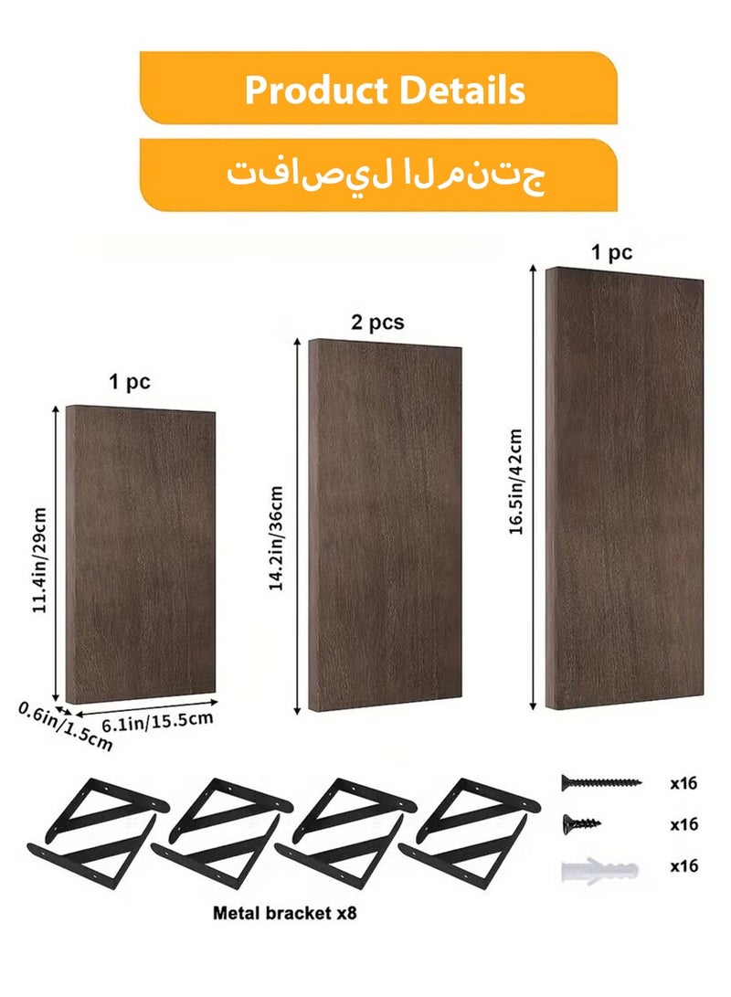 DPTER 4pcs Rustic Wood Floating Shelves, Wall Mounted Storage Rack, Light Carbonized Wall Shelves Different Sizes, Photo & Vase Display Shelf, Wall Decor, Home Decor, Aesthetics Room Decor, Storage & Organization For Bathroom, Bedroom, Living Room (Brown) - Image 3