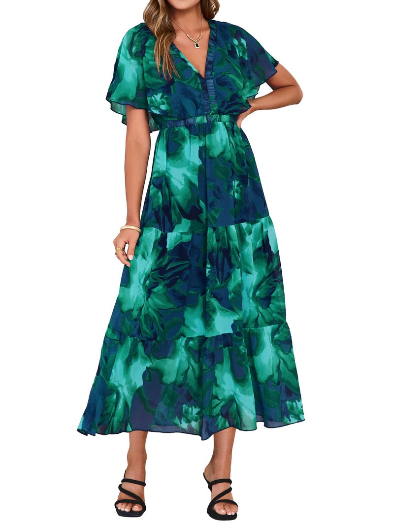 Simplee Womens Floral Boho Maxi Dress Summer Beach Wedding Guest V Neck Ruffle Sleeve Long Flowy Dresses Lake Green M - Image 1