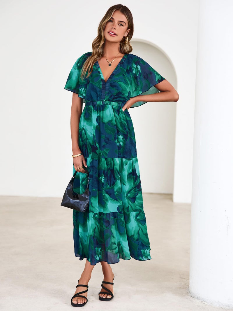 Simplee Womens Floral Boho Maxi Dress Summer Beach Wedding Guest V Neck Ruffle Sleeve Long Flowy Dresses Lake Green M - Image 5
