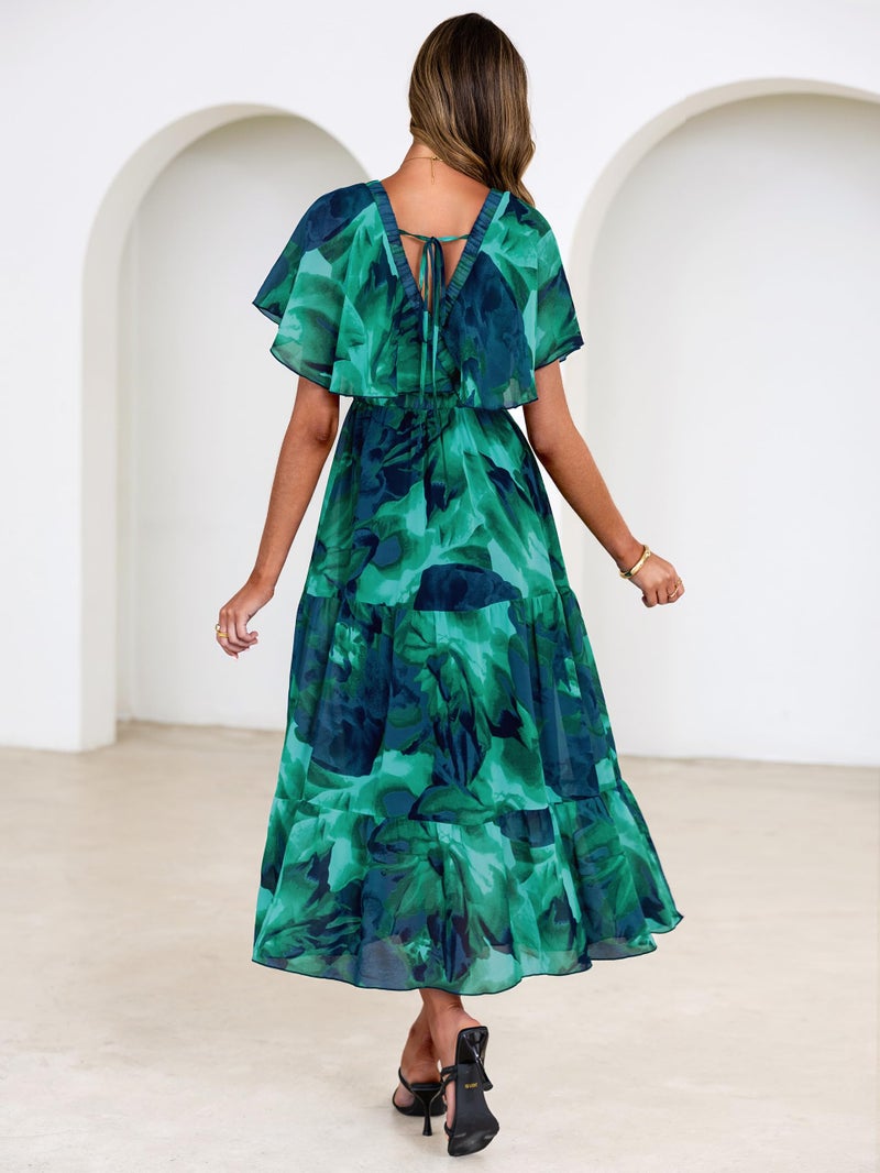 Simplee Womens Floral Boho Maxi Dress Summer Beach Wedding Guest V Neck Ruffle Sleeve Long Flowy Dresses Lake Green M - Image 4