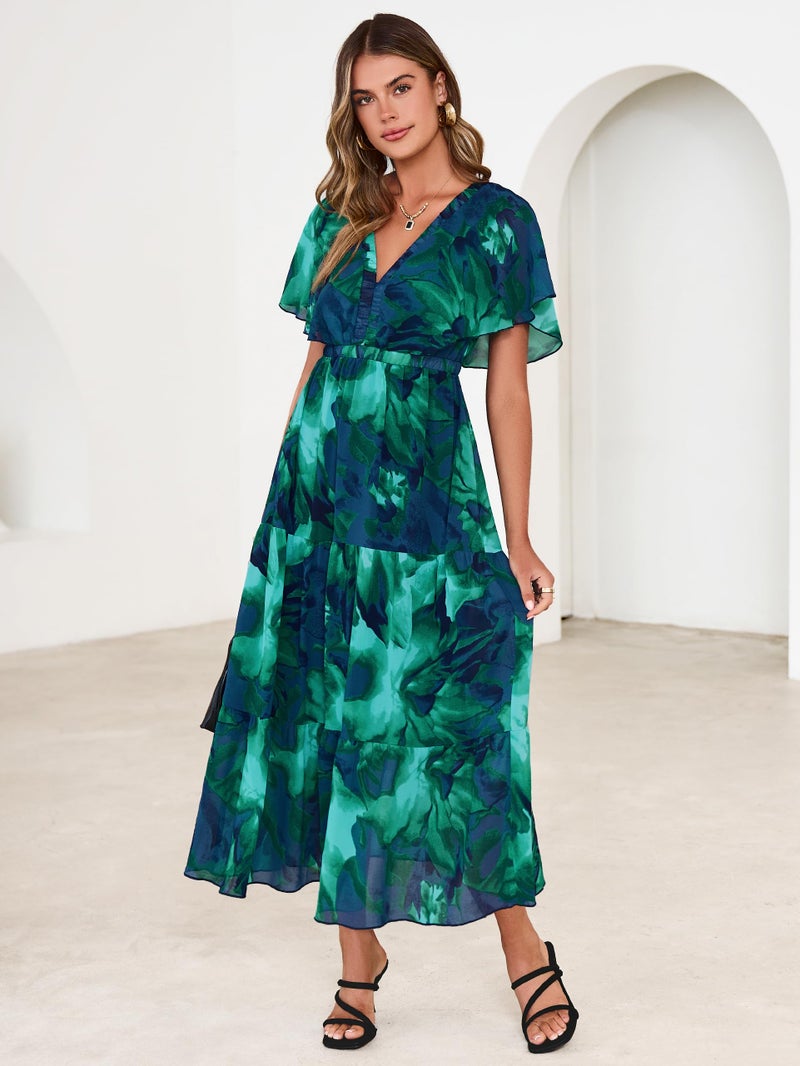 Simplee Womens Floral Boho Maxi Dress Summer Beach Wedding Guest V Neck Ruffle Sleeve Long Flowy Dresses Lake Green M - Image 2