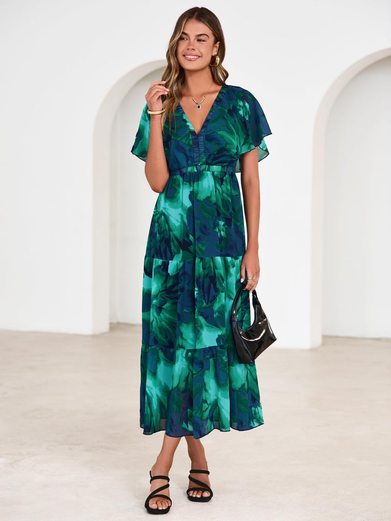 Simplee Womens Floral Boho Maxi Dress Summer Beach Wedding Guest V Neck Ruffle Sleeve Long Flowy Dresses Lake Green M - Image 3