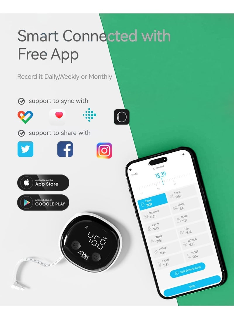 أداك شريط قياس الجسم الذكي ADAK مع شاشة LED، لون أبيض، يدعم البلوتوث، بطول 60 إنش، قابل لإعادة الشحن Type-C، شريط قياس للجسم لإنقاص الوزن، قابل للسحب - Image 5