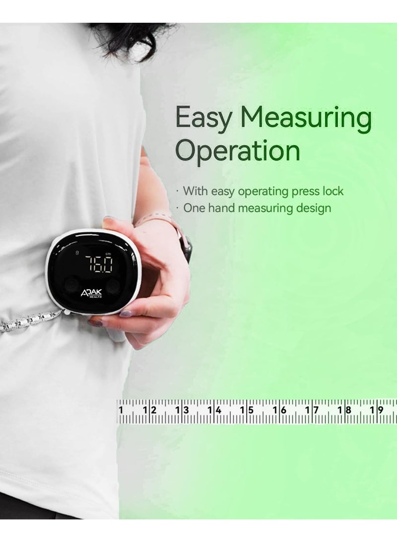 أداك شريط قياس الجسم الذكي ADAK مع شاشة LED، لون أبيض، يدعم البلوتوث، بطول 60 إنش، قابل لإعادة الشحن Type-C، شريط قياس للجسم لإنقاص الوزن، قابل للسحب - Image 4