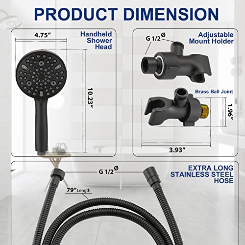YASINU High Pressure 10 Setting Handheld Shower Head, 5" Detachable Showerhead Spray Built-in Power Wash to Clean Tub, Tile & Pets, 79" Extra Long Stainless Steel Hose, Adjustable Bracket - Matte Black - Image 4