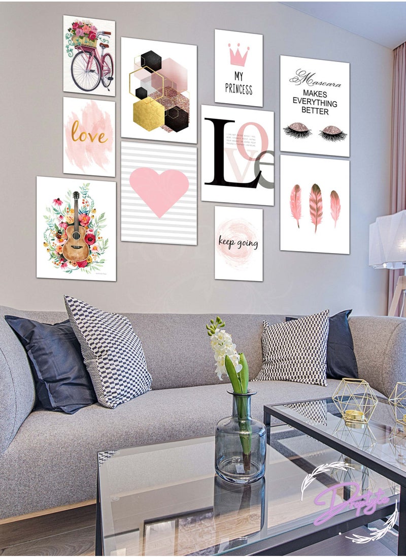 Droplyte 10 Piece Love, Guitar, Bicycle and Flowers Girl's Room Painting Decorative Wall Art Wall Decor Card Board MDF Home Decor  For Drawing Room, Living Room, Bedroom, Kitchen or Office  120CM x 80CM  - Image 1