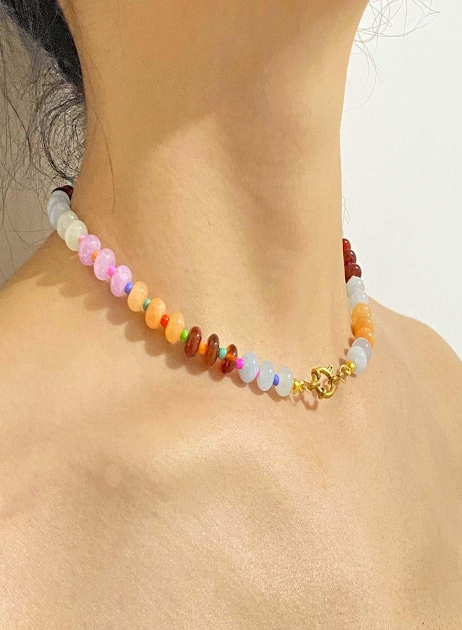 ZMANYIJEW Beaded Gemstone Necklace for Women,Trendy Boho Colorful Rainbow Beaded Choker Necklace,Natural Stone Necklace Surfer Beach Necklace,Summer Handmade Crystal Necklaces Jewelry (B - Multicolor) - Image 3