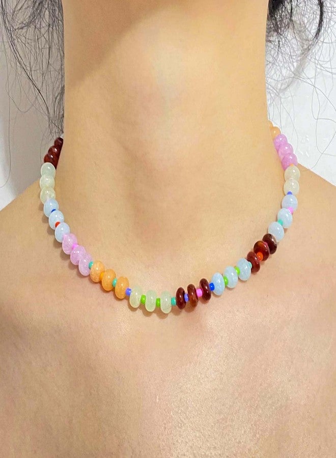 ZMANYIJEW Beaded Gemstone Necklace for Women,Trendy Boho Colorful Rainbow Beaded Choker Necklace,Natural Stone Necklace Surfer Beach Necklace,Summer Handmade Crystal Necklaces Jewelry (B - Multicolor) - Image 4