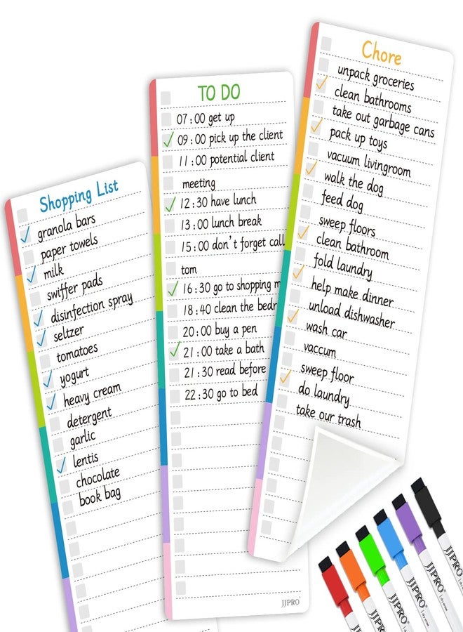 JJPRO Reusable Colorful to-Do List Whiteboard Stickers 4"x 11" 3 Pack for All Smooth Surfaces-Nonmagnetic Planner Sticks to Stainless Steel Fridge,Cabinet,Door and Glass - Image 1