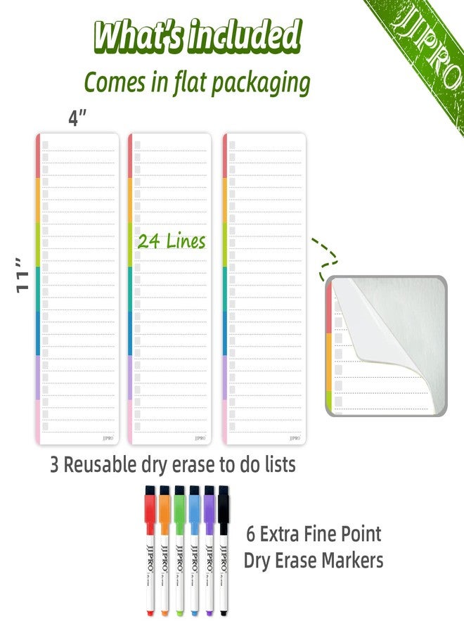 JJPRO Reusable Colorful to-Do List Whiteboard Stickers 4"x 11" 3 Pack for All Smooth Surfaces-Nonmagnetic Planner Sticks to Stainless Steel Fridge,Cabinet,Door and Glass - Image 4