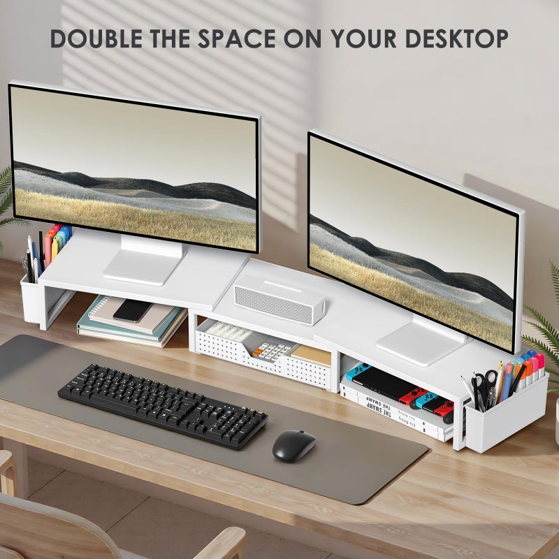 OPNICE Desk Organizers and Accessories, Dual Monitor Stand Riser with Drawer and 2 Pen Holders, Desk Shelf Metal Computer Racks for Office Workspace Organizers, Desktop Organization (White Metal) - Image 4