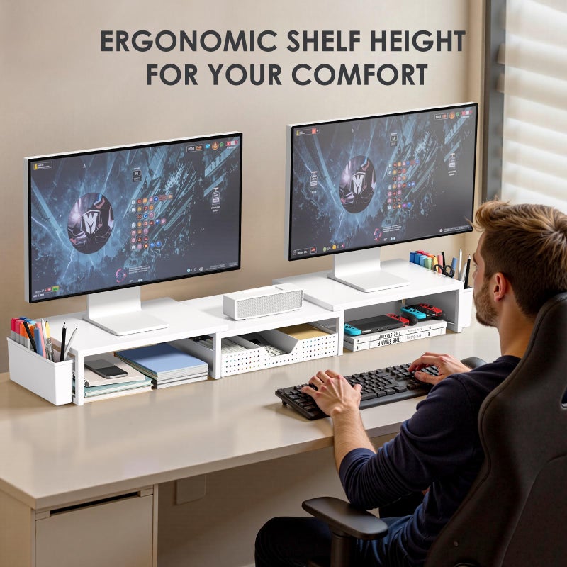 OPNICE Desk Organizers and Accessories, Dual Monitor Stand Riser with Drawer and 2 Pen Holders, Desk Shelf Metal Computer Racks for Office Workspace Organizers, Desktop Organization (White Metal) - Image 2