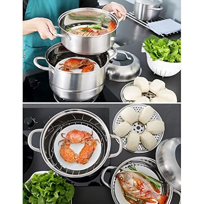 قدر بخار، قدر حساء، فولاذ مقاوم للصدأ بدرجة 304، قاعدة سميكة مركبة من 3 طبقات، مأكولات بحرية مطهوة على البخار، حساء دجاج مطهو على البخار - Image 4