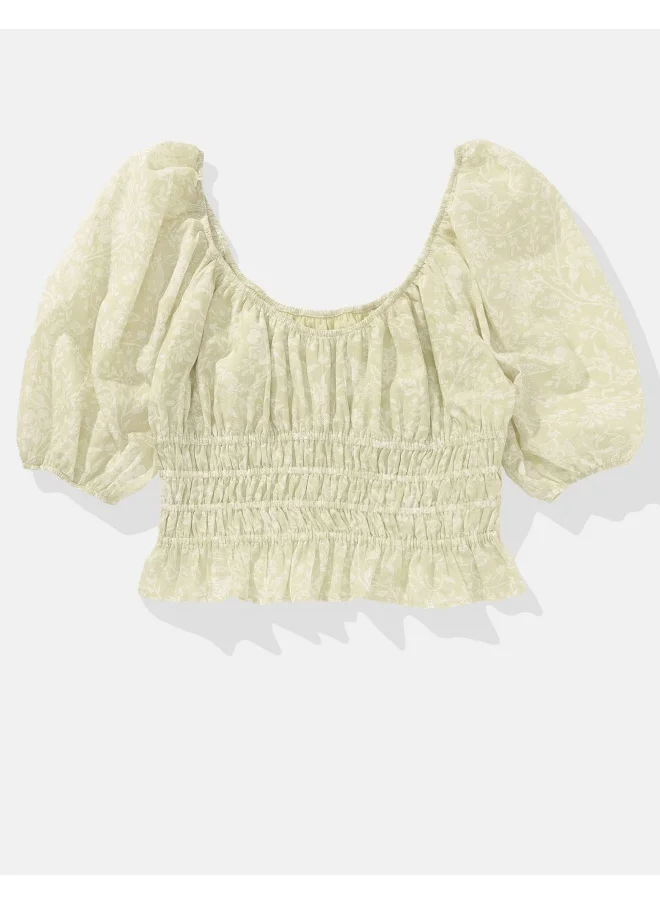American Eagle Puff Sleeve Ruched Peplum Top