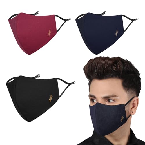 MASQ By Q-One 4 Layer, Anti-Pollution,Reusable, with Ear Adjusters, Anti-Bacterial (BFE>99%) Cotton Cloth Face Mask for Men, Boys (Pack Of 3) (Fire_Black_Navy_Maroon_03) - Image 1