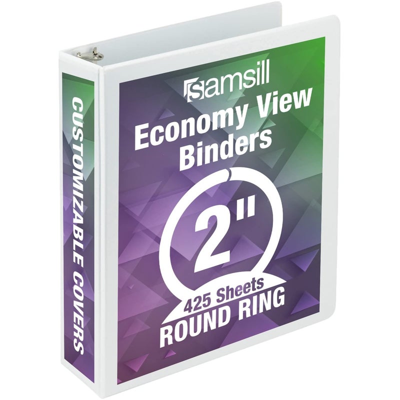Samsill 2 Inch 3 Ring Binder, Made in USA, Economy Round Ring, Clear View Cover, 425 Sheet Capacity - for School, Home, Office - White