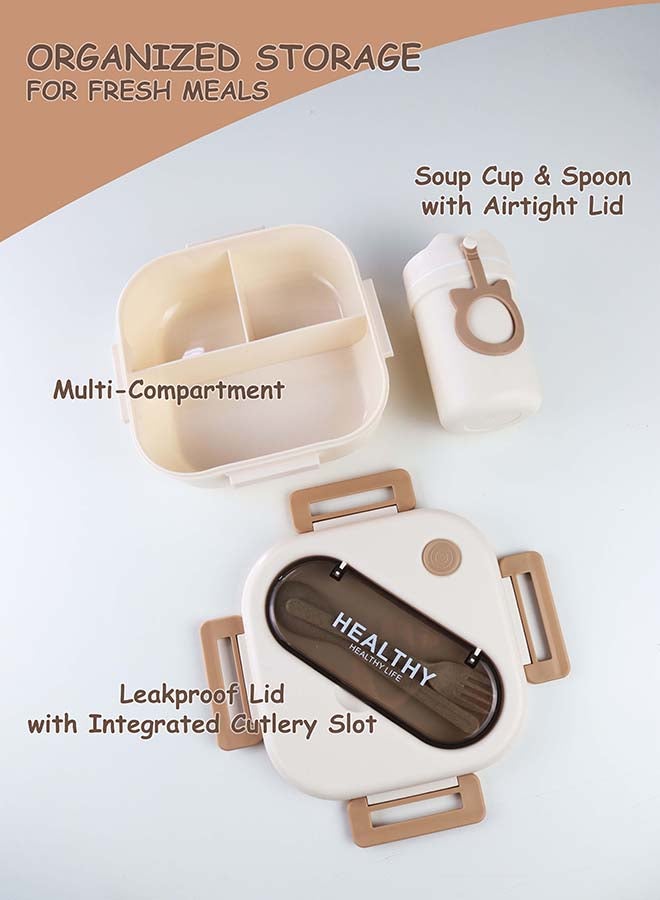 توشيونيكس مجموعة صندوق غداء بينتو بلاستيكي محمول بسعة 1300 لتر مع كوب حساء سعة 330 مل وشوكة وفتحة أدوات مائدة مدمجة على الغطاء، حاوية طعام بثلاثة أقسام - آمنة للاستخدام في الفريزر وغسالة الأطباق والميكروويف، صندوق طعام مانع للتسرب ومحكم الإغلاق مع ثلاثة أقسام، خالٍ من مادة BPA، خفيف الوزن، متين وقابل لإعادة التدوير للبالغين والأطفال - مثالي للاستخدام في المنزل والمكتب والسفر ومراكز الرعاية النهارية ومرحلة ما قبل المدرسة وصندوق غداء العودة إلى المدرسة - 17 × 17 × 6 سم - Image 2