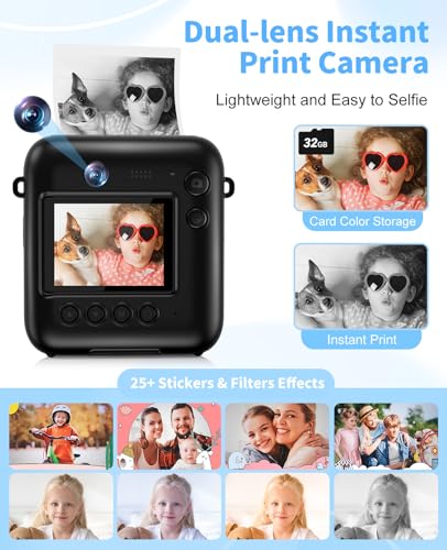 Sevenat Kids Camera Instant Print, 48MP Dual-Lens Digital Camera for Girls Boys Christmas Birthday Gifts, 1080P Video Selfie Instant Cameras, Portable Toddler for 4-12 Years with 32GB Card-Black - Image 3