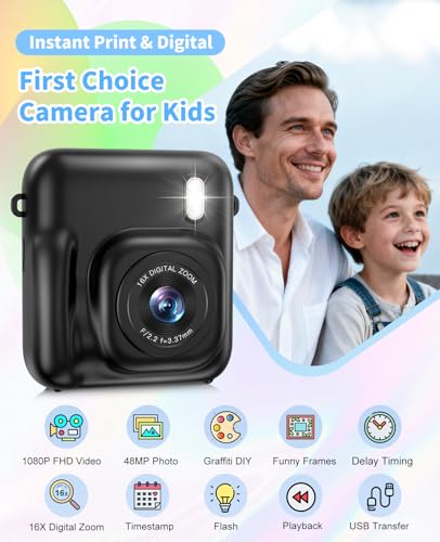 Sevenat Kids Camera Instant Print, 48MP Dual-Lens Digital Camera for Girls Boys Christmas Birthday Gifts, 1080P Video Selfie Instant Cameras, Portable Toddler for 4-12 Years with 32GB Card-Black - Image 2