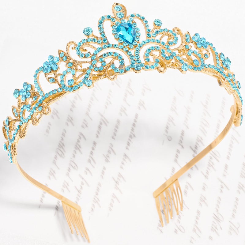 TAROSE Gold and Blue Crowns for Women, Queen Crystal Tiaras with Blue Rhinestone and Combs, Goddess Crown for Wedding Bride Birthday Princess Bridal Shower Hair Accessories for Women - Image 3