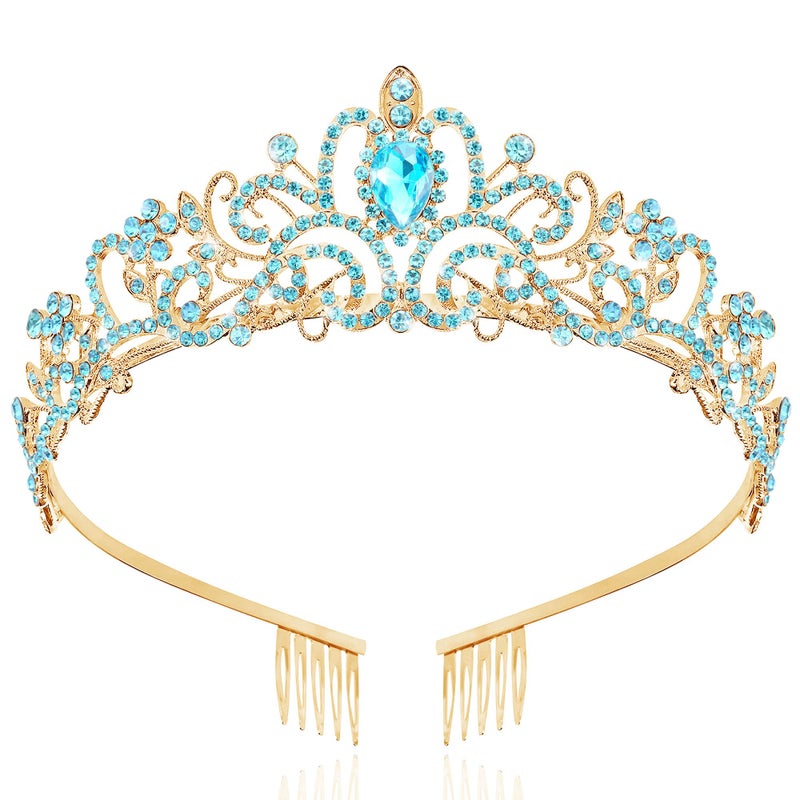 TAROSE Gold and Blue Crowns for Women, Queen Crystal Tiaras with Blue Rhinestone and Combs, Goddess Crown for Wedding Bride Birthday Princess Bridal Shower Hair Accessories for Women - Image 1