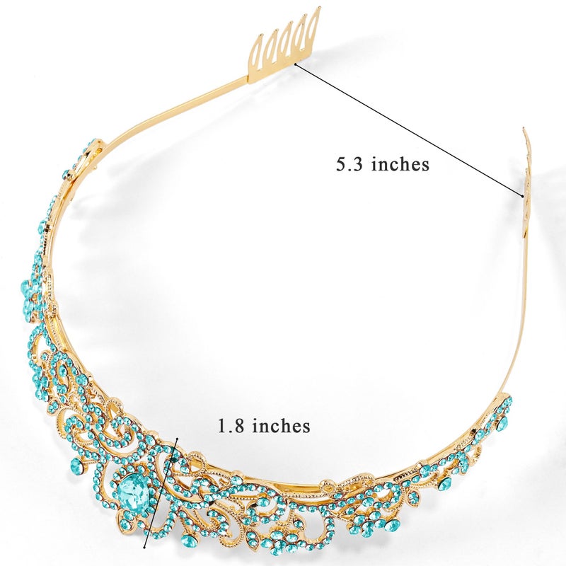 TAROSE Gold and Blue Crowns for Women, Queen Crystal Tiaras with Blue Rhinestone and Combs, Goddess Crown for Wedding Bride Birthday Princess Bridal Shower Hair Accessories for Women - Image 2