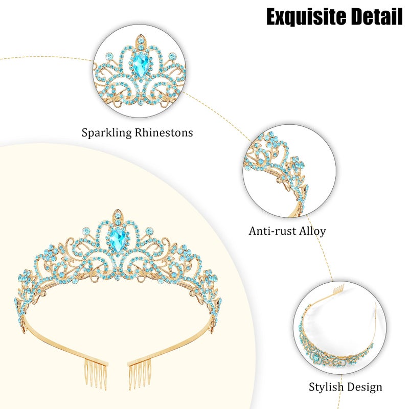 TAROSE Gold and Blue Crowns for Women, Queen Crystal Tiaras with Blue Rhinestone and Combs, Goddess Crown for Wedding Bride Birthday Princess Bridal Shower Hair Accessories for Women - Image 4