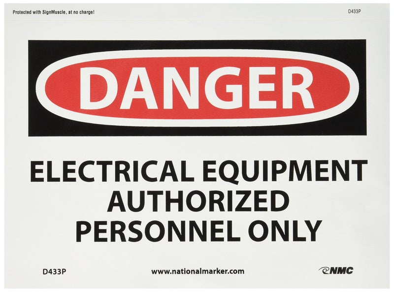 NMC D433P OSHA Sign, Legend "DANGER - ELECTRICAL EQUIPMENT AUTHORIZED PERSONNEL ONLY", 10" Length x 7" Height, Pressure Sensitive Vinyl, Black on White - Image 1