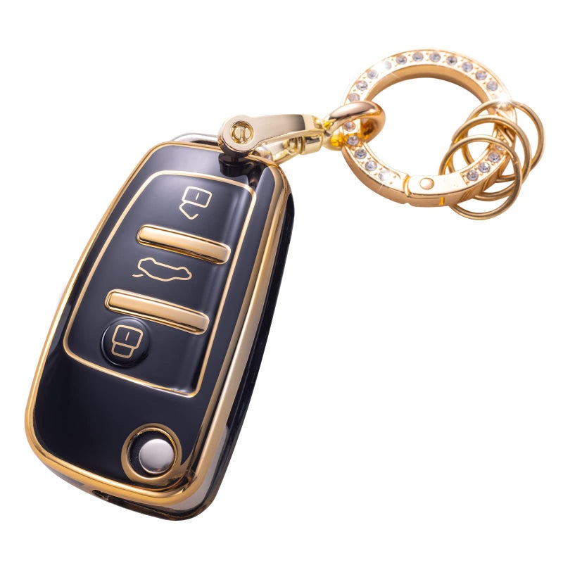 Gematay for Audi Key Fob Cover with Keychain Key Shell Cover Compatible with Audi A1 A3 Q3 Q7 R8 A6L TT Smart Key Fob Black - Image 3