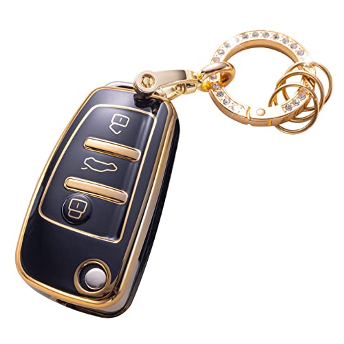 Gematay for Audi Key Fob Cover with Keychain Key Shell Cover Compatible with Audi A1 A3 Q3 Q7 R8 A6L TT Smart Key Fob Black - Image 1
