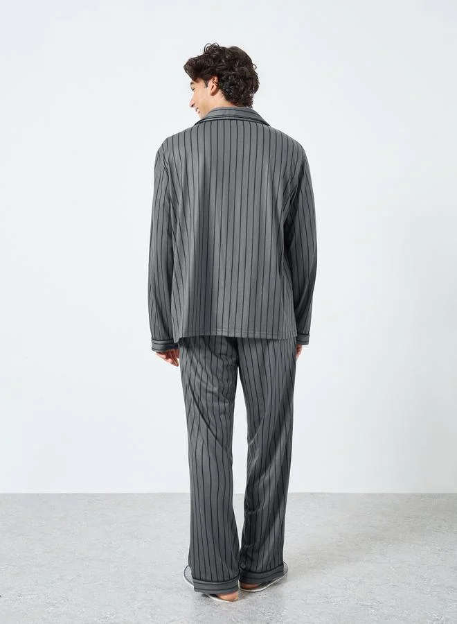 Styli black Men Striped Oversized Shirt and Pyjama Set for Men | Best Price UAE