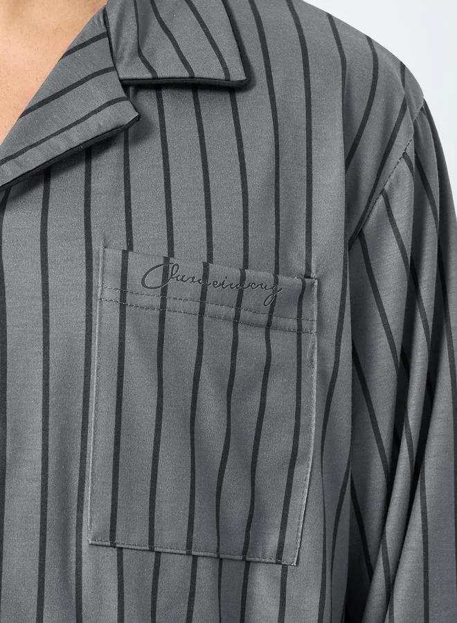 Styli black Men Striped Oversized Shirt and Pyjama Set for Men | Best Price UAE