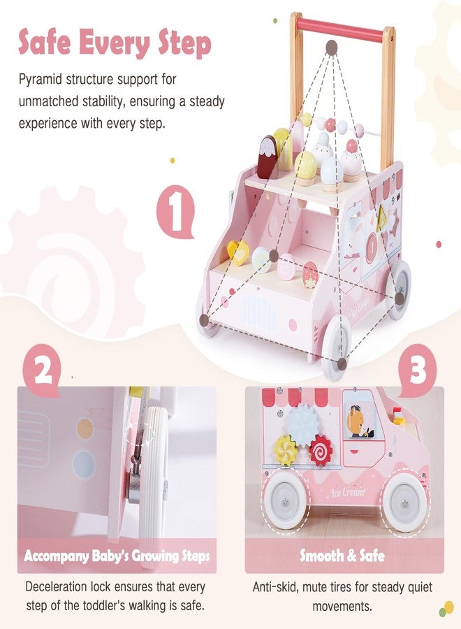 labebe Wooden Baby Walker, Push Activity Walker for Kids 12M+, Multifunctional Ice Cream Cart Activity, Adjustable Speed Learning Walking with Wheels, Birthday Gift for Girls Boys Ages 1-3 (Pink) - Image 3