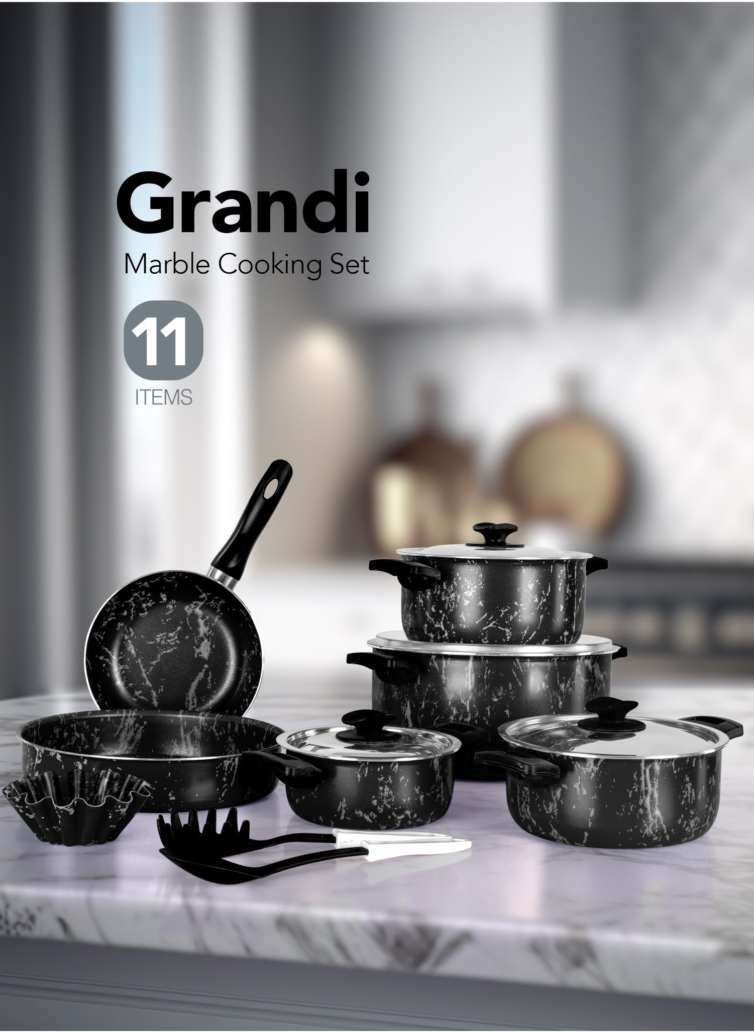 11 Pieces Marble Cook Set Aluminum Pots And Pans - Non-Stick Surface - Bakelite Handle  -Stainless Steel Lids - PFOA Free Black Marble 