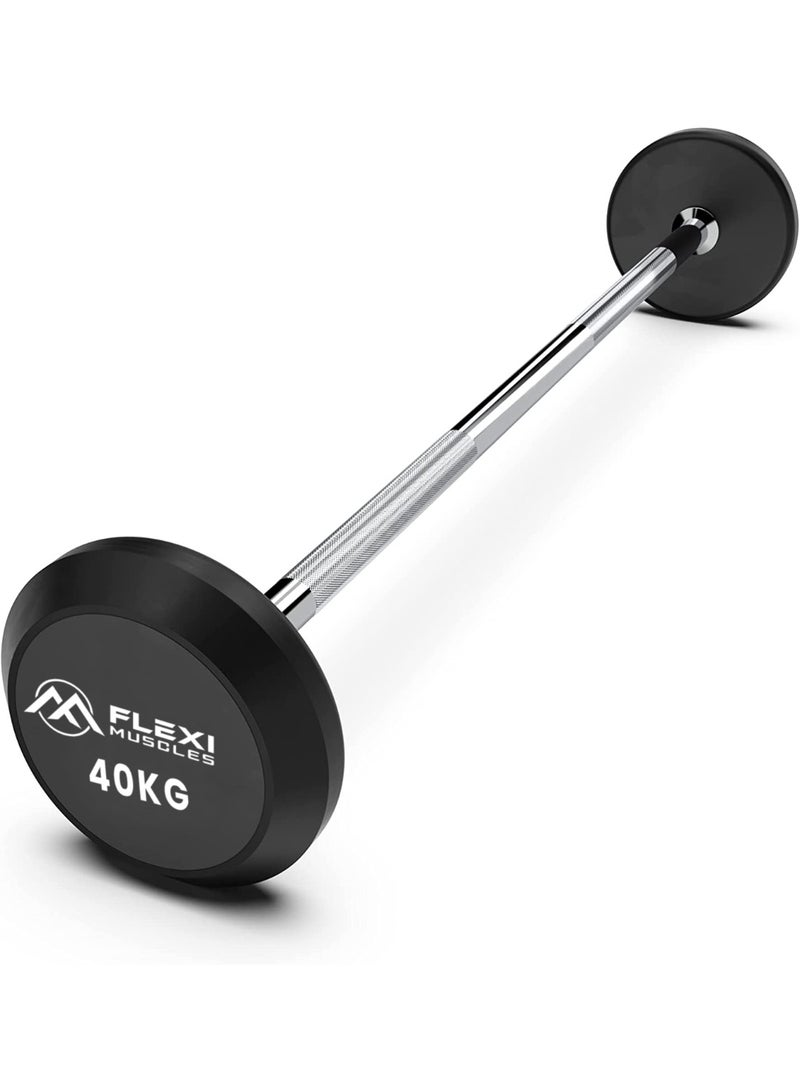 FLEXI MUSCLES باربل ثابت بوزن 40 كجم من فليكسى موسلز مع أوزان مغطاة بالمطاط – بار وزن مستقيم محمّل مسبقًا للتدريب في المنزل والصالة الرياضية - Image 1