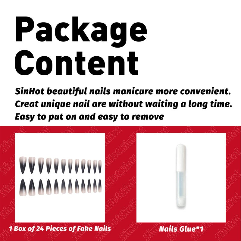 SINHOT Stiletto Press on Nails Extra Long Fake Nails with Glue Glossy False Nails with Black Gradient Designs Full Cover Almond Acrylic Nails 24pcs - Image 5