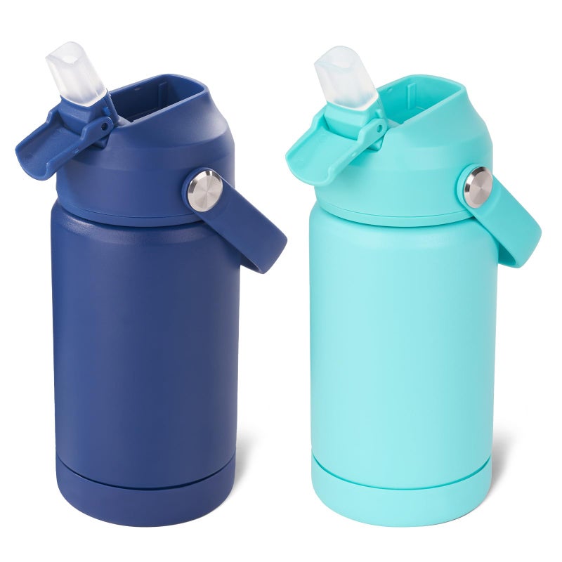 Kerilyn 12oz Kids Water Bottle 2 Pack, Stainless Steel Insulated Water Bottle Bulk, Toddler Cups with Straws Leak-Proof, Kids Water Bottles for School Boys Girls, BPA Free, Blue+Green 2 Piece Set - Image 1