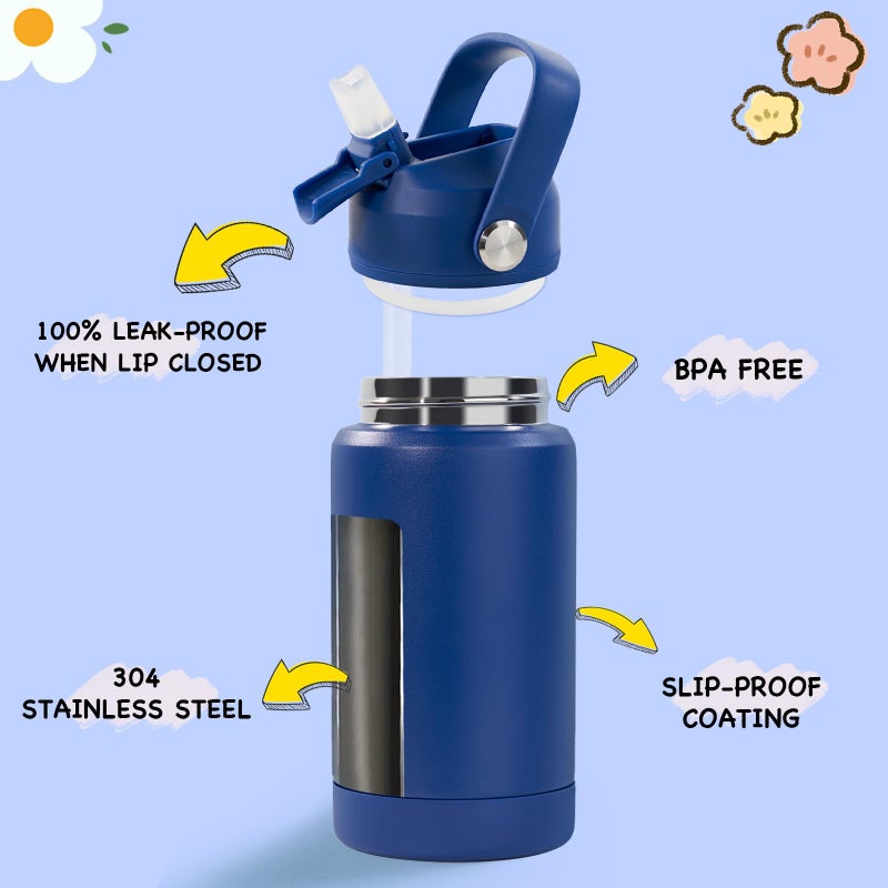 Kerilyn 12oz Kids Water Bottle 2 Pack, Stainless Steel Insulated Water Bottle Bulk, Toddler Cups with Straws Leak-Proof, Kids Water Bottles for School Boys Girls, BPA Free, Blue+Green 2 Piece Set - Image 2