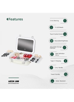 GREEN LION Fest Cosmetic Bag Organizer with Lighted Mirror & Adjustable Storage Partition / Cool, Natural & Warm Light Modes / Travel-Friendly / Water Resistant / Carry Handle / PC + Aluminum Alloy Material - White  - Image 4