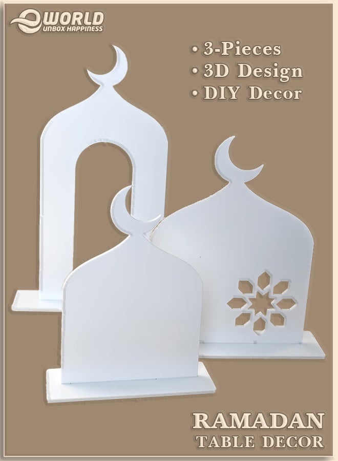 إي وورلد زينة طاولة رمضان أكريليك – طقم مكوّن من 3 قطع «عيد مبارك» و«رمضان كريم» | ديكور هلال إسلامي | قطعة زينة منزلية واحتفالية قابلة لإعادة الاستخدام - Image 1