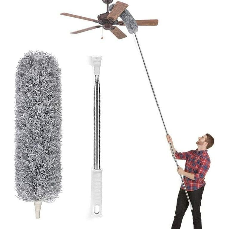 KORTELOZ Microfiber Feather Duster for Cleaning with Telescopic Extension Pole Long Up to 100 Inches Bendable Head ScratchResistant Washable Duster for High Ceiling Fan Car Roof Grey