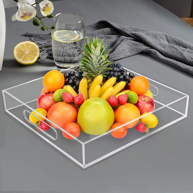 Tasybox Acrylic Serving Tray, Clear Decorative Serving Trays with Handles for Kitchen Dining Room Table Ottoman Vanity Countertop 12" x 12" - Image 2